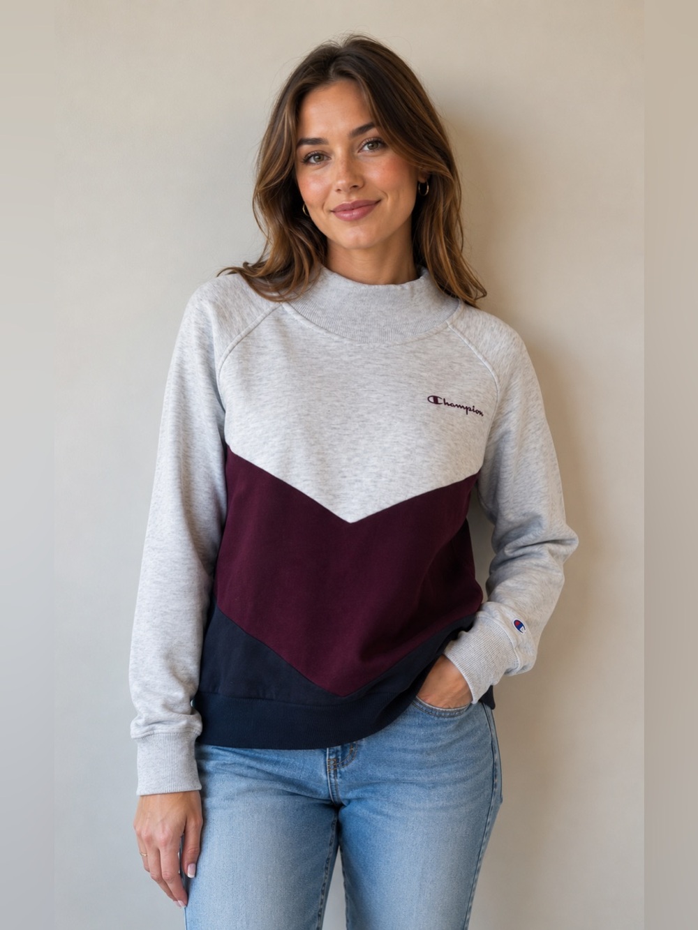 Champion Colorblock Mock Neck Sweatshirt Gray, Burgundy & Black Size M